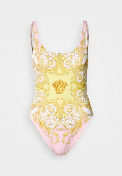Üks tükis ujumisriietus, millel on roosakas tagakülg, keerukas kuldse ja kollase barokkimuster ning keskel asuv medaljoni kujundus. Sile tekstuur.