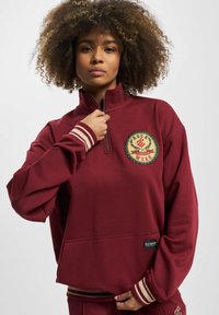 Bordo zip-up džemperis su dideliu siuvinėtu logotipu, dryžuotais rankogaliais ir laisvu siluetu. Pagamintas iš minkštos medžiagos, turi aukštą apykaklę.