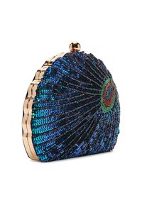 Pochette in perline con sfumature di blu e verde, dalla forma conchiglia e una struttura in tonalità oro, caratterizzata da un design circolare su un lato.