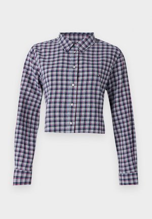 Camicia corta a maniche lunghe con motivo a quadri in blu navy, rosso e bianco. Presenta un colletto classico e polsini con bottoni.