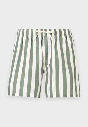 Herreshorts med vertikale brede grønne og hvite striper, elastisk midjebånd og kremfarget snor i front.