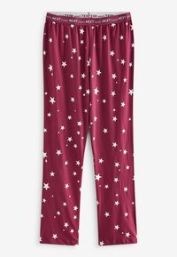 Pantaloni de pijama maronii, confecționați dintr-un material moale, cu un elastic la talie. Prezintă un model cu stele albe pe întreaga suprafață.