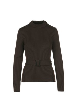 Bruine geribbelde trui met lange mouwen, een opstaande kraag en een riem in de taille. Bevat knopenaccenten op de schouder.