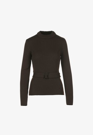 Pull en maille côtelée marron avec des manches longues, un col montant et une ceinture à la taille. Présente des accents de boutons sur l'épaule.