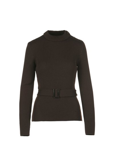 Bruine geribbelde trui met lange mouwen, een opstaande kraag en een riem in de taille. Bevat knopenaccenten op de schouder.