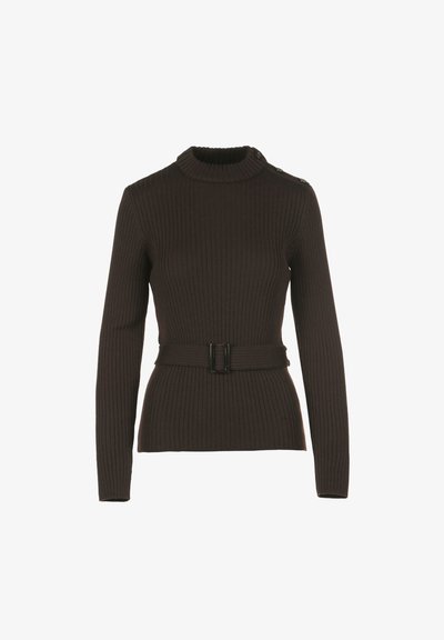 Rjav rebrast pulover z dolgimi rokavi, z ovratnikom in pasom v pasu. Ima gumbe na ramenih.