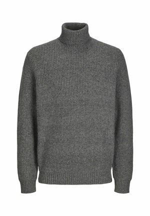 Grau melierter Rollkragenpullover aus Rippmaterial. Hat lange Ärmel und ein tailliertes Design mit hohem Kragen. Glatte Textur und einfarbig.