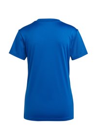 Blue short-sleeve athletic shirt made of smooth, breathable fabric featuring a round neck and mesh accents on sleeves.