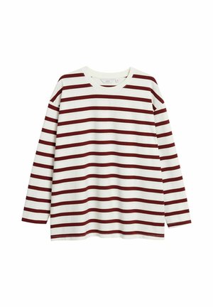 Langärmeliges weißes Hemd mit horizontalen dunkelroten Streifen, Rundhalsausschnitt und lockerem Schnitt.