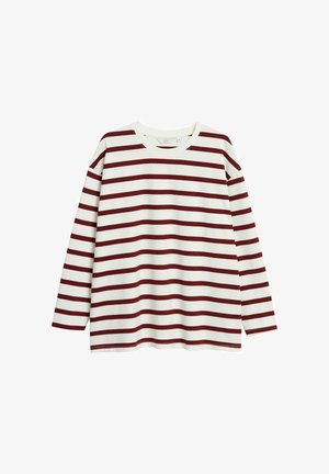 Wit shirt met lange mouwen met horizontale donkerrode strepen, ronde hals en relaxte pasvorm.