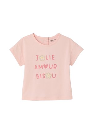 Pink short-sleeve baby shirt with snap button closure and "Jolie Amour Bisou" text featuring a heart and two flower designs.