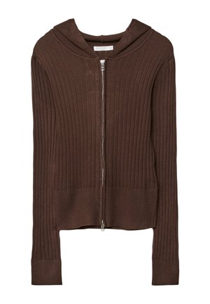 Brown ribbed zip-up hooded sweater with a fitted design, long sleeves, and textured fabric. Features a front zipper closure and thick cuffs.