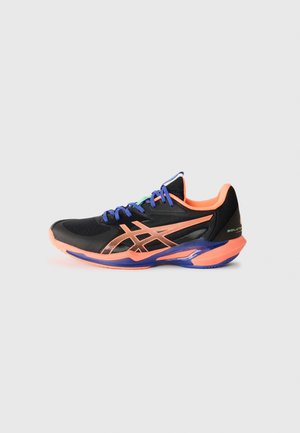 Men's running shoe in black mesh with neon orange accents. Features a contoured sole, purple highlights, and distinctive ASICS logo.
