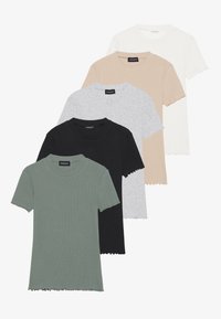 Five short-sleeved, ribbed t-shirts in olive green, black, grey, beige, and white, featuring scalloped hemlines and crew necks.