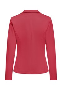 Blazer rouge cintré pour femmes à manches longues avec col, vu de dos, présentant des détails de coutures pour la forme.
