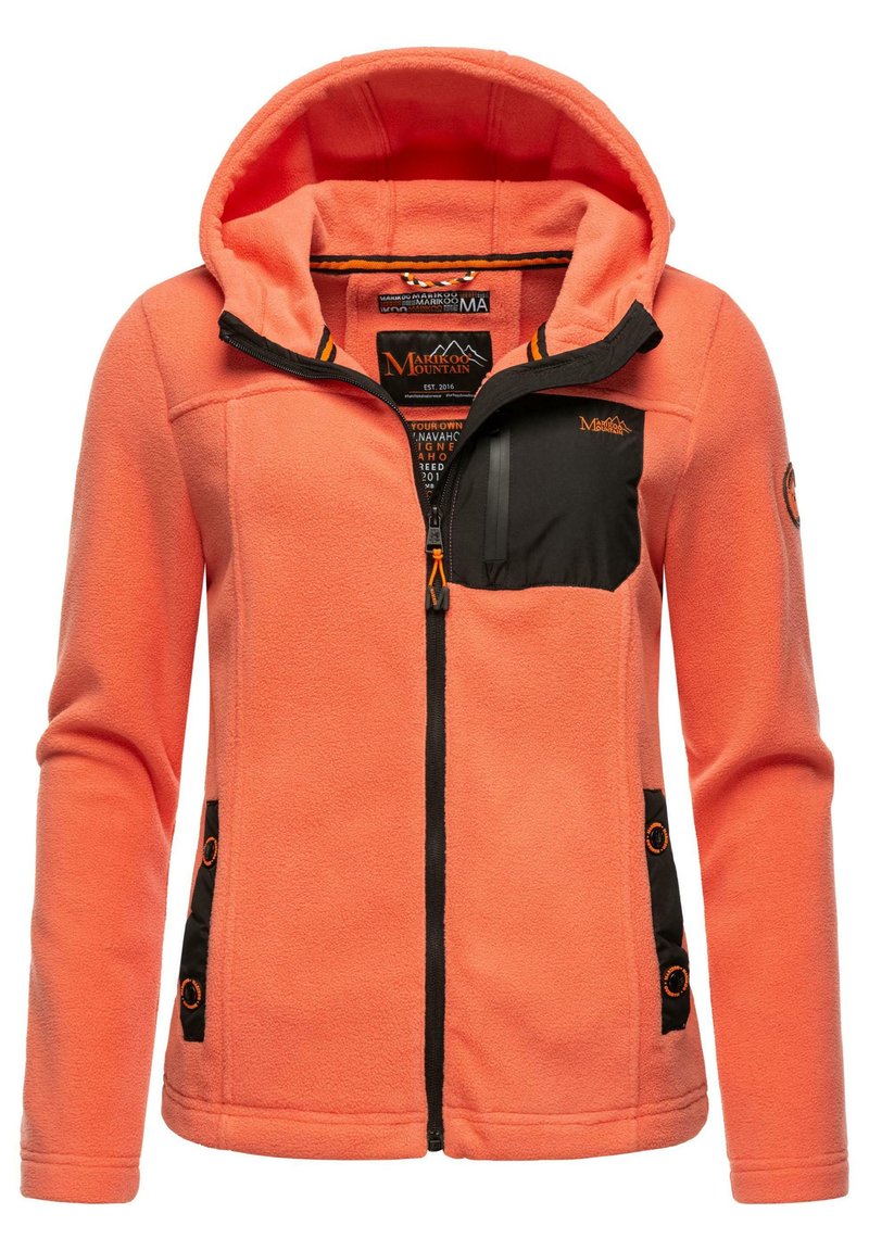 Fleece jacket in bright orange with a black zippered pocket and side panels. Features a hood, adjustable waist, and black accents.