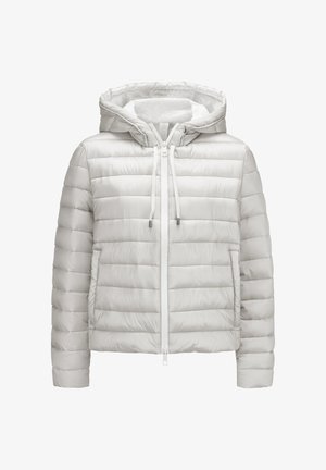 Weiße gesteppte Steppjacke mit Kapuze, vorn mit Reißverschluss, Kordelzug an der Kapuze und Seitentaschen, vorne auf neutralem Hintergrund dargestellt.