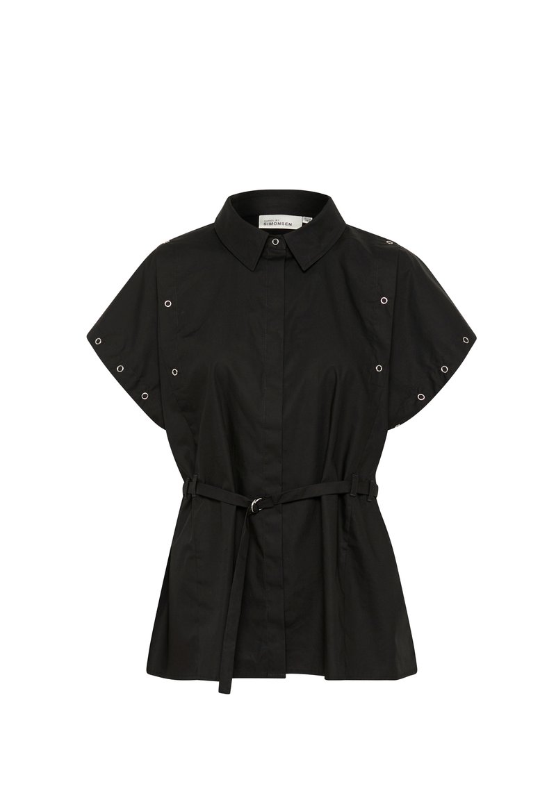 Crna majica s kratkim rukavima od pamuka s golim ovratnikom, remenom u struku i metalnim rupicama na rukavima.