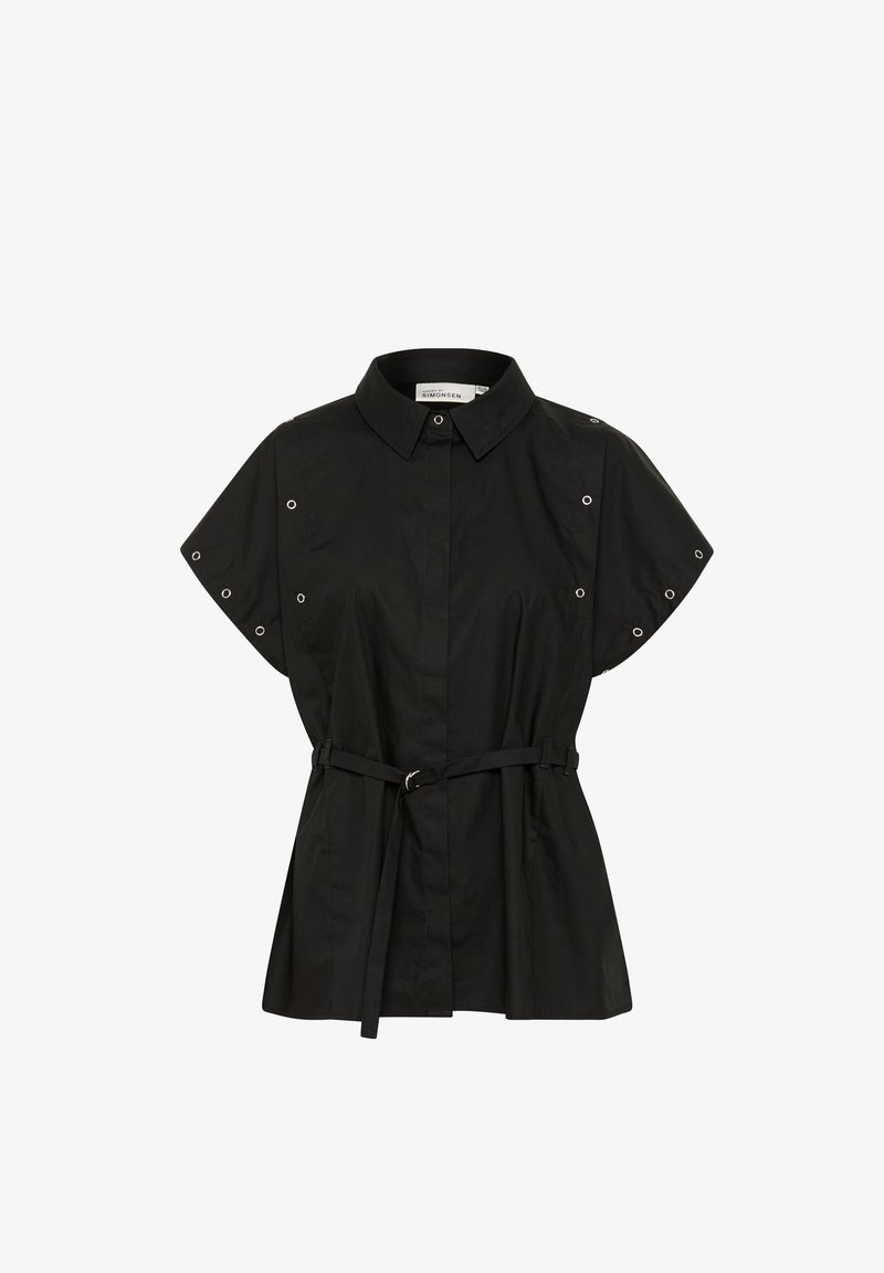 Crna majica s kratkim rukavima od pamuka s golim ovratnikom, remenom u struku i metalnim rupicama na rukavima.