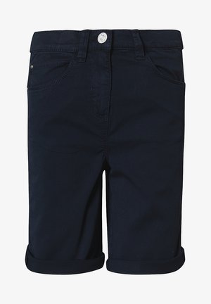 Mørkeblå bomuldsshorts med en rullet kant, der har en frontlukning med knap og fem lommer. Glat tekstur og klassisk snitdesign.