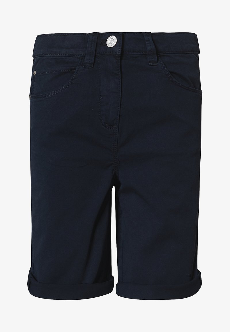Námořnické modré bavlněné šortky s ohrnutým lemem, mají zapínání na knoflík vepředu a pět kapes. Hladký povrch a klasický střih.
