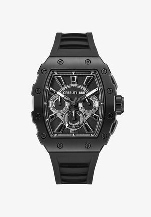 Orologio da polso nero Cerruti 1881 con cassa rettangolare, tre sottoquadranti, indici delle ore argentati e cinturino in gomma nero.
