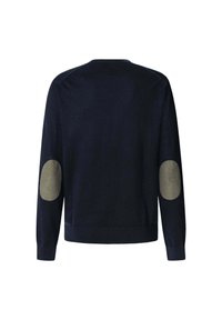 Marineblauer Pullover mit langen Ärmeln, rundem Hals und kontrastierenden grünen Ellbogenpatches. Hergestellt aus weichem, gestricktem Stoff mit geripptem Saum und Bündchen.