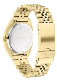 Goldfarbene Edelstahl-Uhr mit poliertem Gehäuse, Gliederarmband und weißem analogen Ziffernblatt. Verfügt über einen sicheren Klappverschluss.