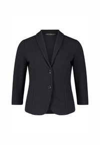 Zwarte, gemêleerde blazer met een belted kraag, driekwart mouwen en twee knopen aan de voorkant. Gladde voering, op maat gemaakte pasvorm.