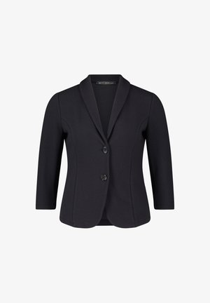 Blazer noir texturé avec un col à revers, des manches trois-quarts et deux boutons à l'avant. Doublure lisse, coupe ajustée.