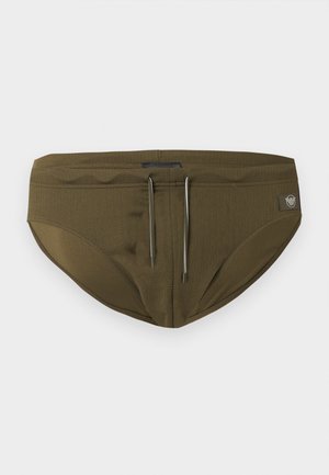 Miesten oliivinvihreät uimahousut hienovaraisella kalanruotokuvioinnilla, säädettävällä nyörivyötäröllä ja pienellä merkin logolapulla oikealla puolella.