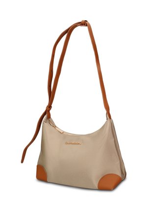 Borsa a tracolla in tessuto beige con tracolla regolabile in pelle marrone, angoli in pelle marrone e cerniera dorata sulla parte superiore.