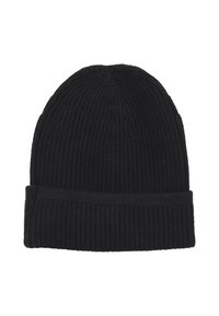 Beanie nero a coste con risvolto, realizzato in materiale morbido, caratterizzato da una texture verticale e una finitura liscia.