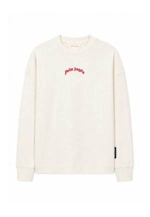 Roomkleurige trui met lange mouwen met rode "Palm Angels" tekst gecentreerd op de borst en een klein zwart label aan de linker zijnnaad.