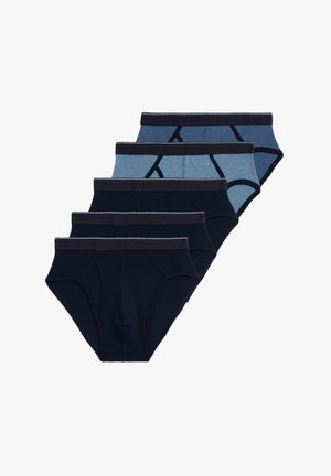 Vijf paar herenonderbroeken in verschillende tinten blauw en marineblauw, met elastische taillebanden en een klassieke snit, gemaakt van zachte stof.