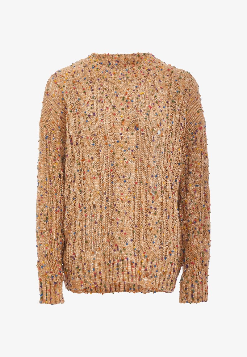 Strickpullover in hellem Beige mit einem strukturierten Muster und bunten Einsprengseln. Rundhalsausschnitt und geripptes Saum- und Ärmeldesign.