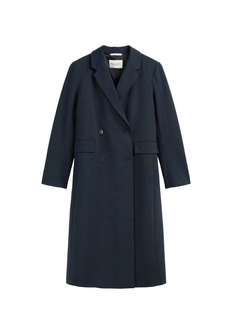 Marineblauer, zweireihiger Mantel mit Reverskragen, zwei Fronttaschen und langen Ärmeln. Aus einem glatten Stoff mit einer strukturierten Gestaltung gefertigt.