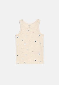 Beige ærmeløs tanktop til småbørn med spredte små hjerter i blå, grøn og pink.