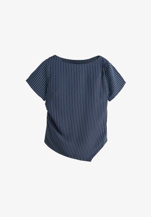 Tumši zils īss piedurkņu tops ar baltām vertikālām svītrām un apaļu kakla izgriezumu, izlīdzināts uz baltas virsmas.