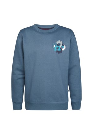 Blauwe crewneck-sweater met lange mouwen en een tandwielvormige afbeelding in blauwtinten en grijs op het linkerborstgebied.