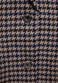Vlněná houndstooth látka v béžové, modré a hnědé; má lesklý knoflík se čtyřmi dírkami, texturovaný tkaný vzor a strukturovaný design.