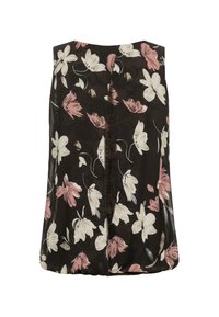 Top senza maniche in tessuto nero con un motivo floreale caratterizzato da fiori rosa e bianchi. Design fluido con scollatura rotonda e dettagli delle cuciture posteriori.