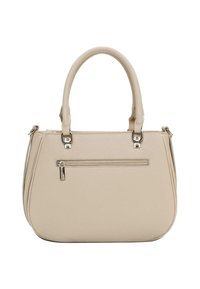 Beżowa torebka o gładkim, uporządkowanym kształcie, z podwójnymi uchwytami na górze, przednią kieszenią na zamek oraz srebrnymi akcentami metalowymi.