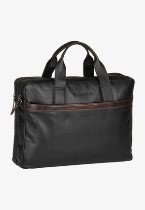 Schwarze Lederaktentasche mit zwei Griffen, Reißverschluss und einem braunen Akzentstreifen. Verfügt über ein geprägtes Logo und eine glatte Textur.