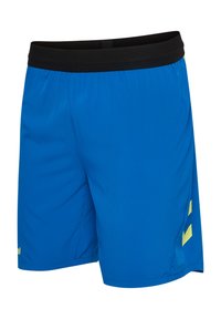 Pantalones cortos deportivos azules con una cinturilla elástica negra y un logo amarillo en la pierna izquierda. Hechos de una tela ligera y suave.
