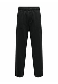 Sorte sweatpants lavet af blødt stof med elastisk talje, to frontlommer og en løs, lige ben-design.