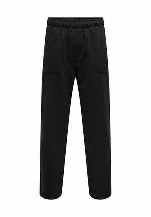 Black sweatpants made of soft fabric with an elastic waistband, two front pockets, and a loose, straight-leg design.