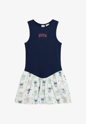 Námornícky modré rebrované šaty na ramienka s bielou sukňou zdobenou pastelovými kreslenými postavičkami. Dizajn zahŕňa ružovo vyšívané logo "STITCH".