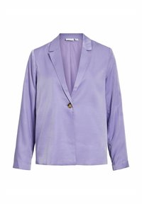 Lavender satijnen blazer met een reverskraag, een enkele knoopsluiting en lange mouwen. Gladde textuur met een lichte glans.
