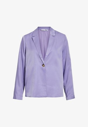 Lavendel satin blazer med reverskrave, enkelt knaplukning og lange ærmer. Glat tekstur med en let glans.